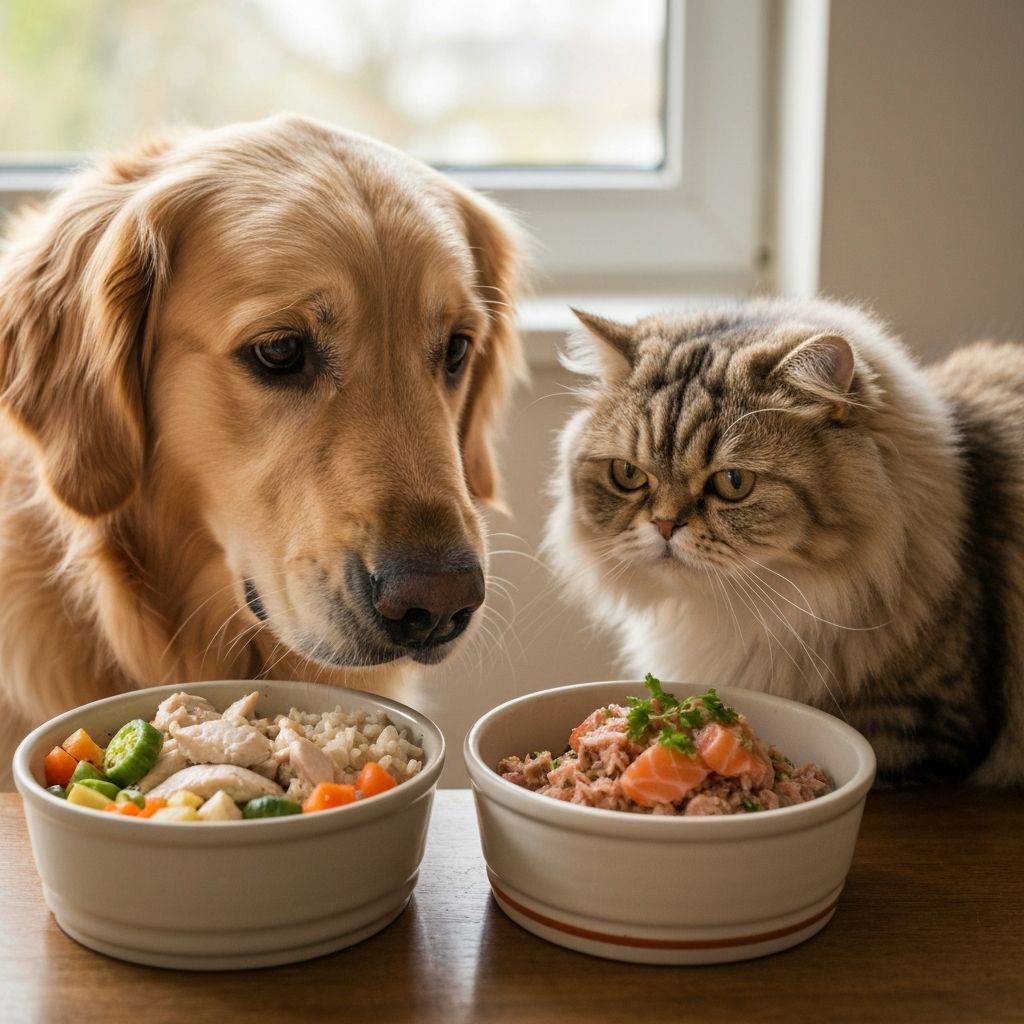 Dogs and cats eating fresh pet food